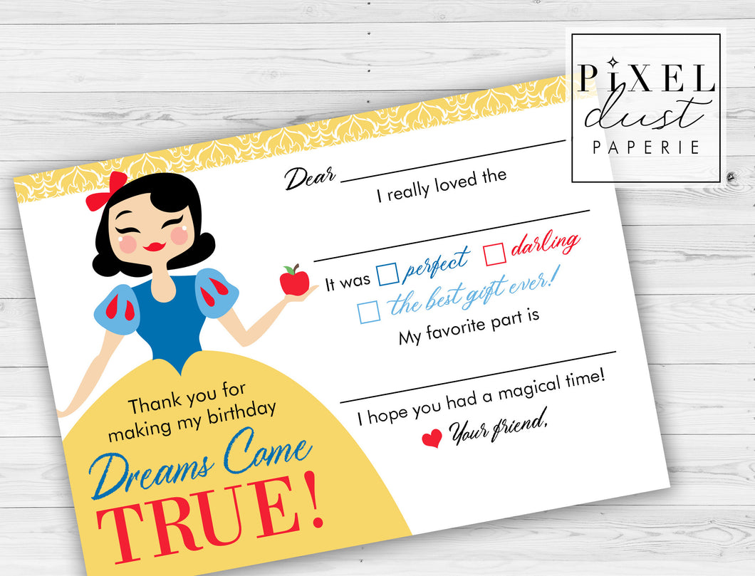 Fairest one of all, Snow White Birthday Party Printable Fill in the Blank Thank You Card