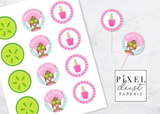 Spa Girl, African American, Birthday Party Printable Cupcake Toppers / Picks