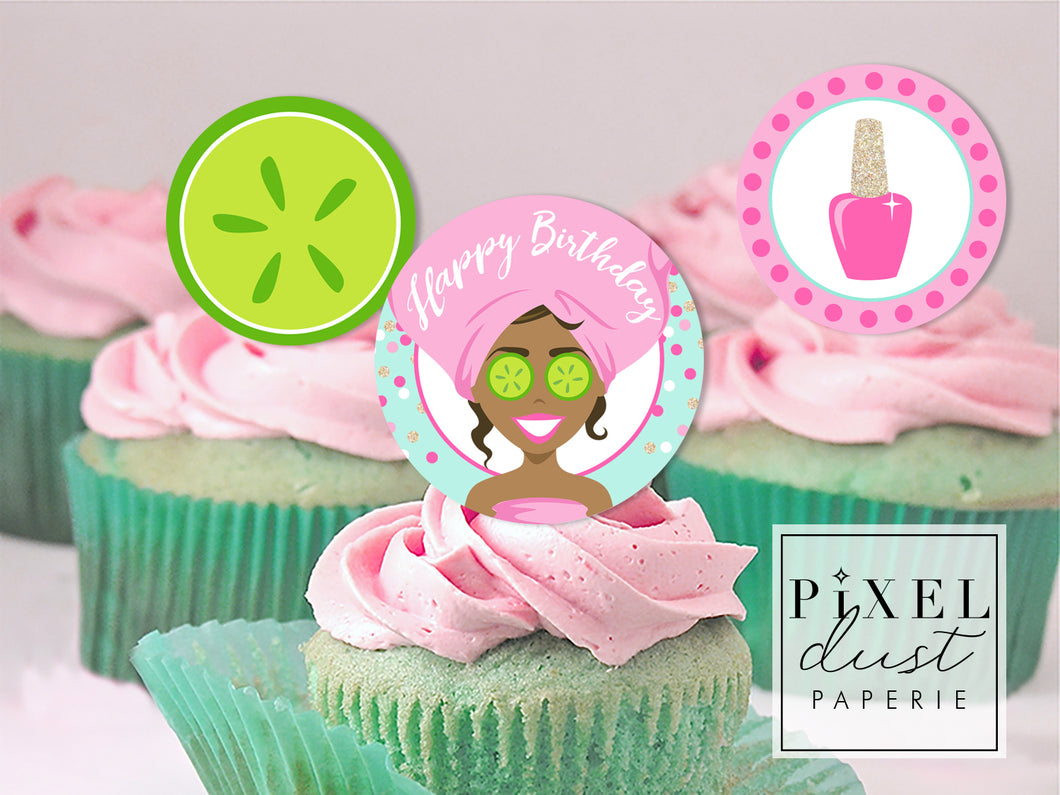 Spa Girl, African American, Birthday Party Printable Cupcake Toppers / Picks