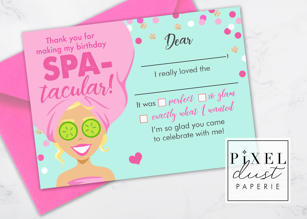 Spa Girl, Blonde, Printable Fill in the Blank Thank You Note Card