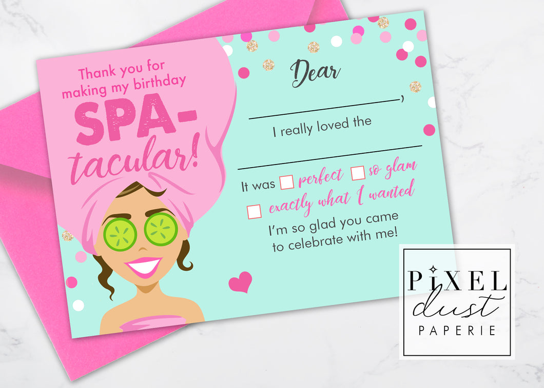 Spa Girl, Brunette, Printable Fill in the Blank Thank You Note Card