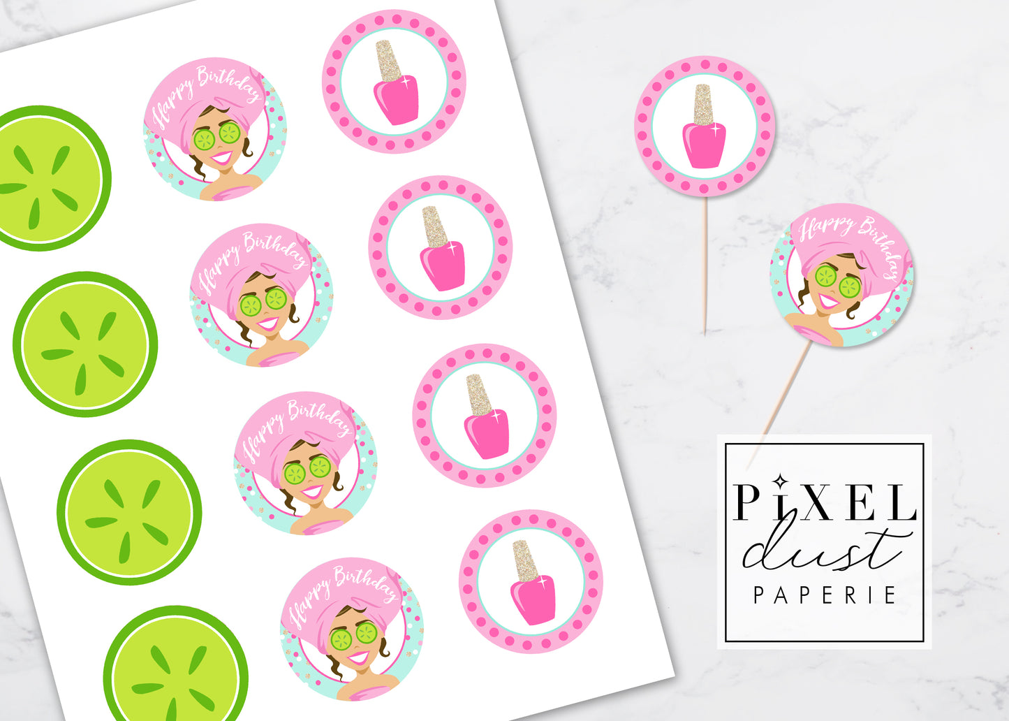 Spa Girl, Brunette, Birthday Party Printable Cupcake Toppers / Picks