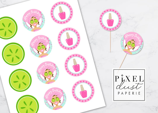 Spa Girl, Brunette, Birthday Party Printable Cupcake Toppers / Picks