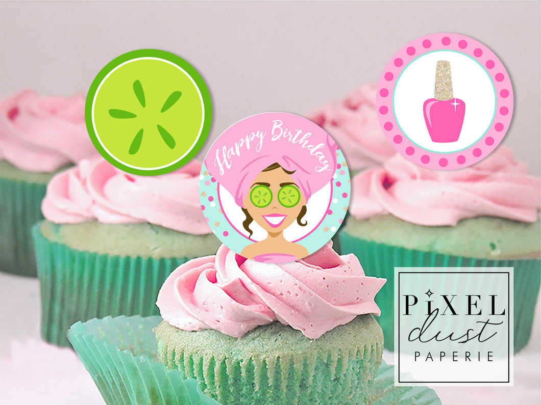 Spa Girl, Brunette, Birthday Party Printable Cupcake Toppers / Picks