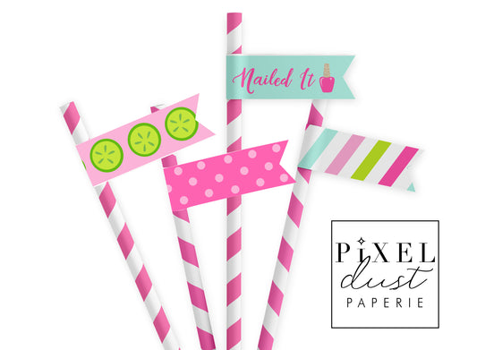 Spa Pedicure Birthday Party Straw Flags Printable File