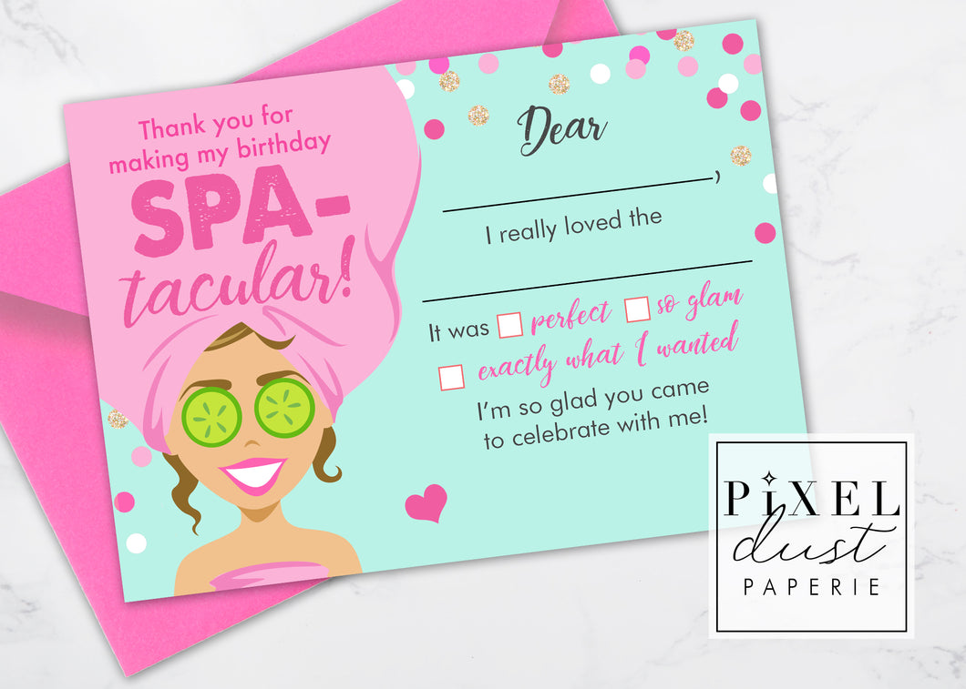 Spa Girl, Light Brown Hair, Printable Fill in the Blank Thank You Note Card