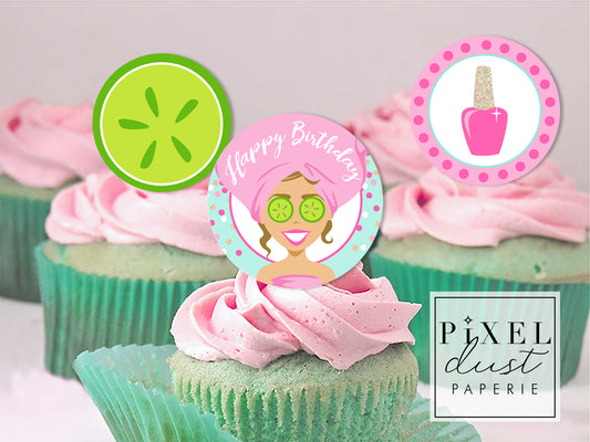 Spa Girl, Light Brown Hair, Birthday Party Printable Cupcake Toppers / Picks