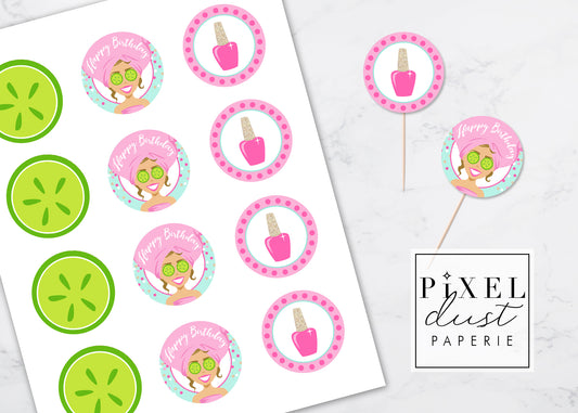 Spa Girl, Light Brown Hair, Birthday Party Printable Cupcake Toppers / Picks