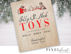 Jolly St. Nick Toys Printable Sign File, Vintage Christmas Santa Claus Sign