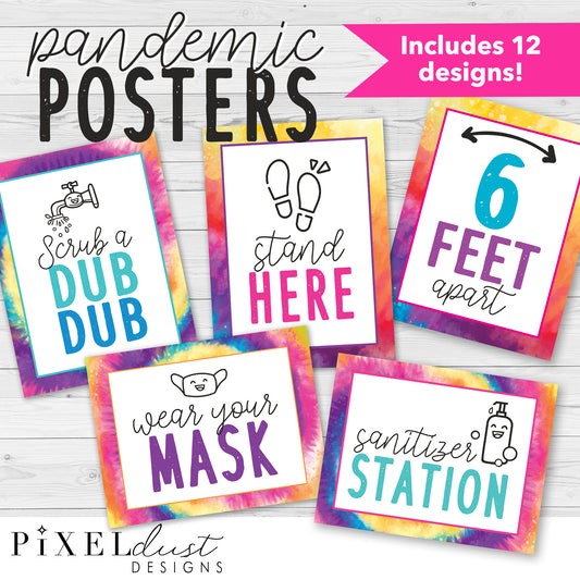 Tie Dye Health and Hygiene Poster Set, Hand Sanitizer Station Posters