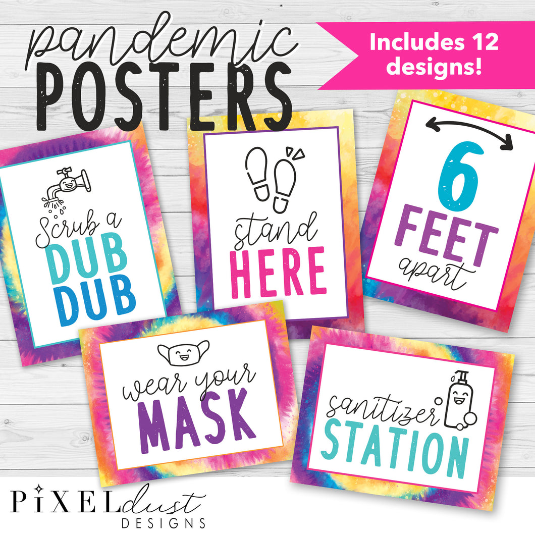 Tie Dye COVID Poster Set, Health and Hygiene, Hand Sanitizer Station Posters