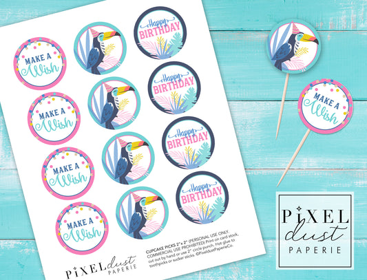 Tropical Toucan Birthday Party Printable Cupcake Toppers / Picks