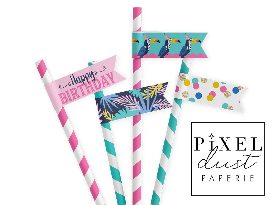 Tropical Toucan Birthday Party Straw Flags Printable File