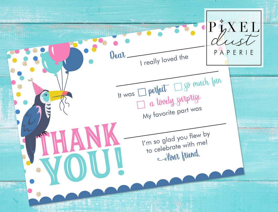 Tropical Toucan Birthday Party Printable Fill in the Blank Thank You Card