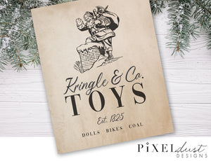 Kringle & Co. Toys Printable Sign File, Vintage Christmas Santa Claus Sign