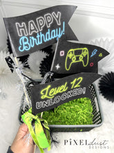 Load image into Gallery viewer, Printable Video Game Birthday Gift Basket Tags &amp; Flags Set
