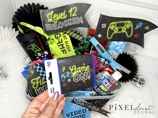 Printable Video Game Birthday Gift Basket Tags & Flags Set