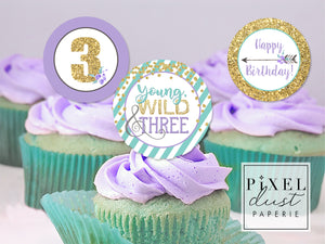 Young, Wild & THREE Purple Printable Birthday Party Cupcake Toppers / Picks