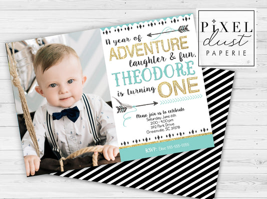 Wild ONE Blue, Black & Gold Printable Birthday Party Invitation File