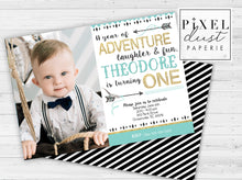Load image into Gallery viewer, Wild ONE Blue, Black &amp; Gold Printable Birthday Party Invitation File

