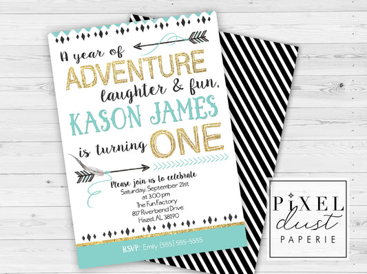 Wild ONE Blue, Black & Gold Printable Birthday Party Invitation File