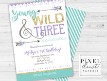 Load image into Gallery viewer, Young, Wild &amp; THREE Purple Printable Birthday Party Invitation File
