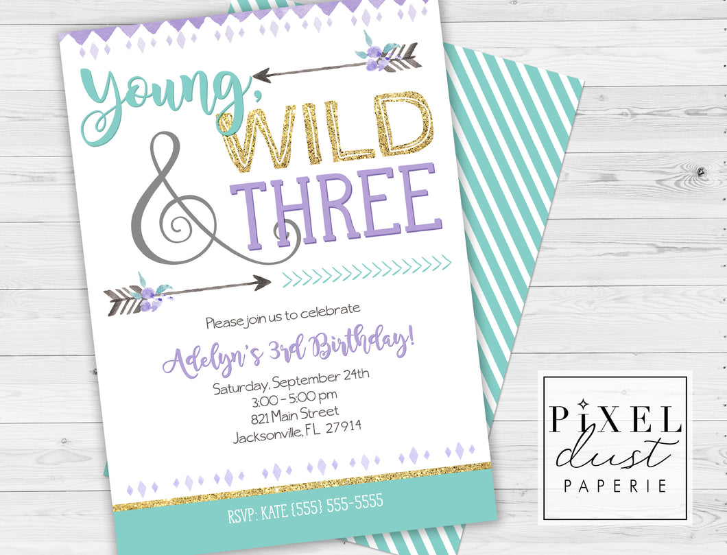 Young, Wild & THREE Purple Printable Birthday Party Invitation File
