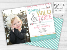 Load image into Gallery viewer, Young, Wild &amp; THREE Pink Printable Birthday Party Invitation File
