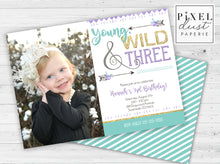 Load image into Gallery viewer, Young, Wild &amp; THREE Purple Printable Birthday Party Invitation File

